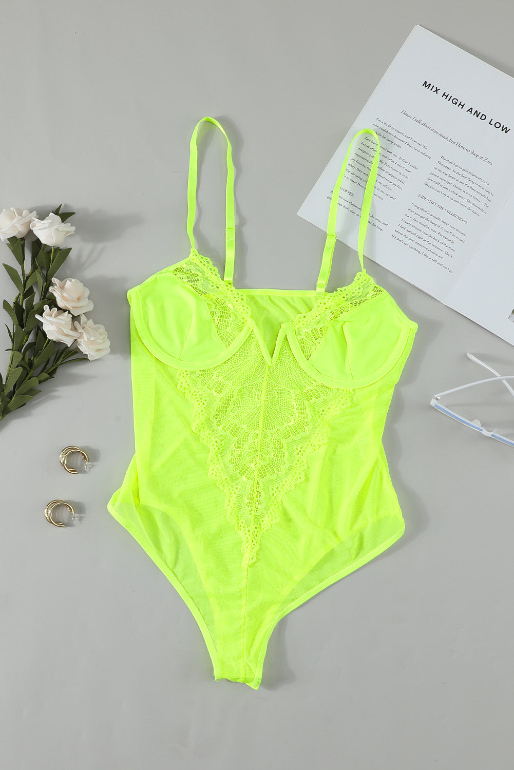 Chic Yellow Satin Cups Lace Accent Bodysuit