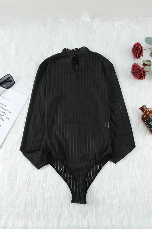 Black Striped High Neck Long Sleeve Bodysuit