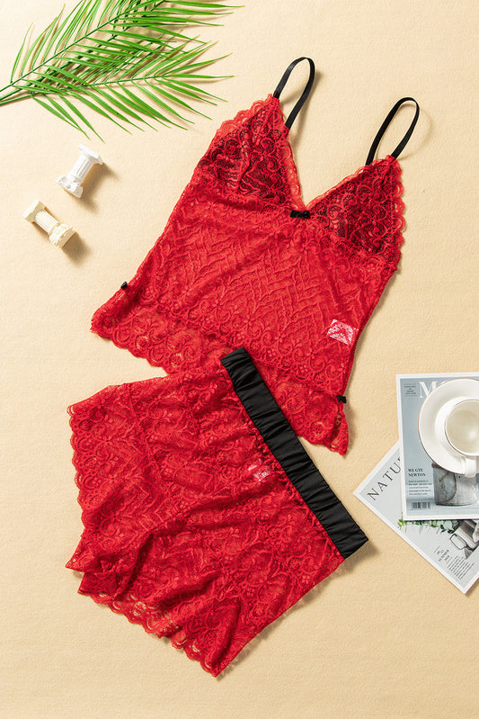 Red Printed Lace Spaghetti Straps Camisole and Shorts Lingerie Set