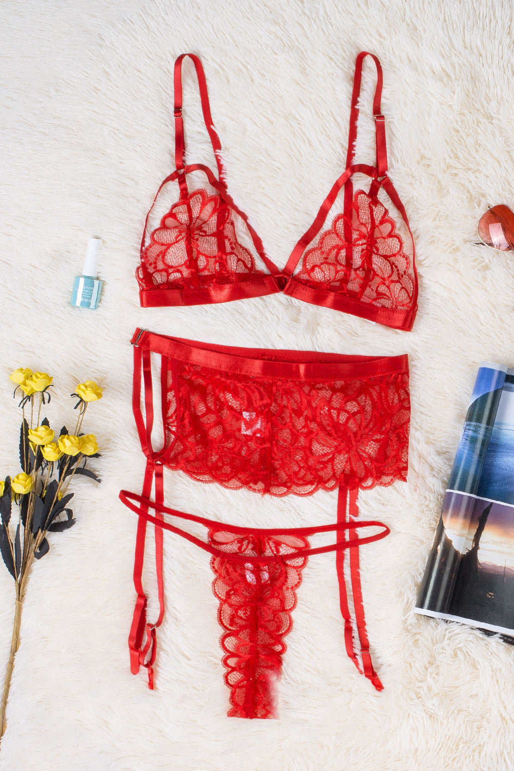 Red Lace Strappy 3pcs Lingerie Set with Garter Belt