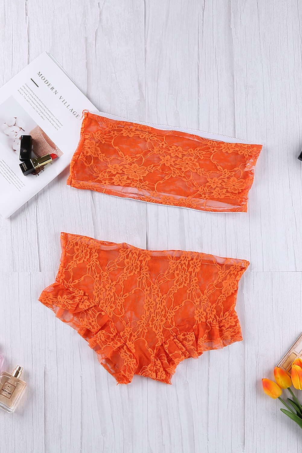 Orange Lace Mesh Tube See Through Strapless Lingerie Set