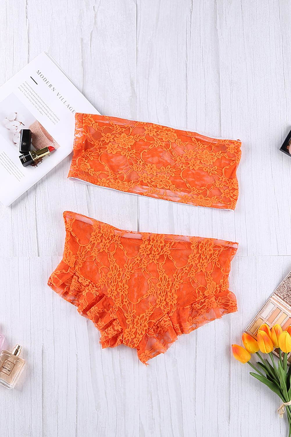 Orange Lace Mesh Tube See Through Strapless Lingerie Set