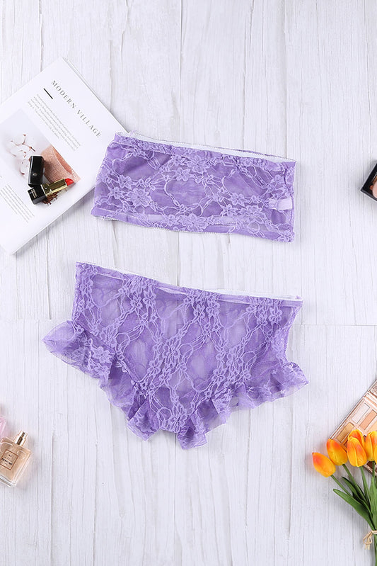 Purple Lace Mesh Tube See Through Strapless Lingerie Set