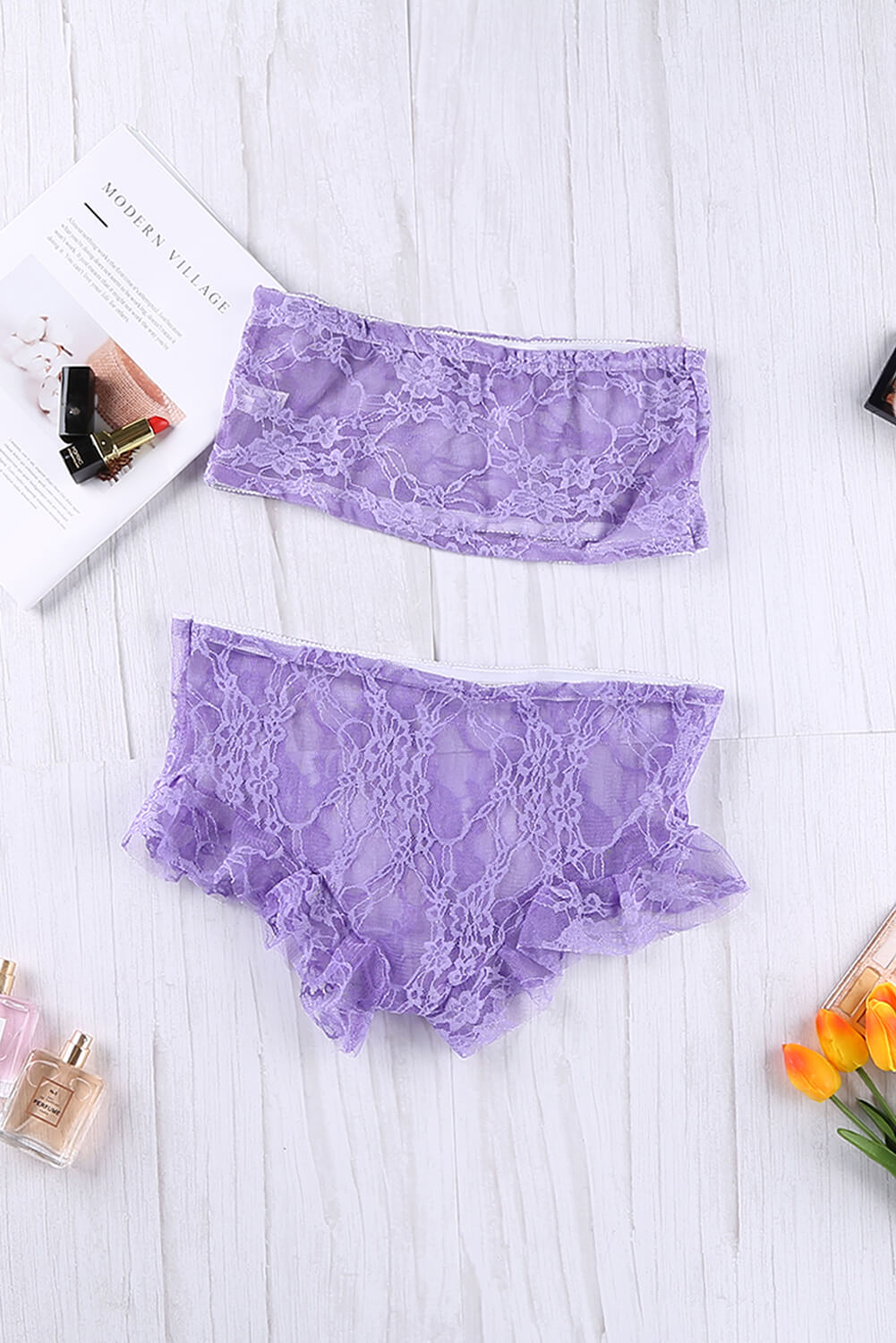 Purple Lace Mesh Tube See Through Strapless Lingerie Set