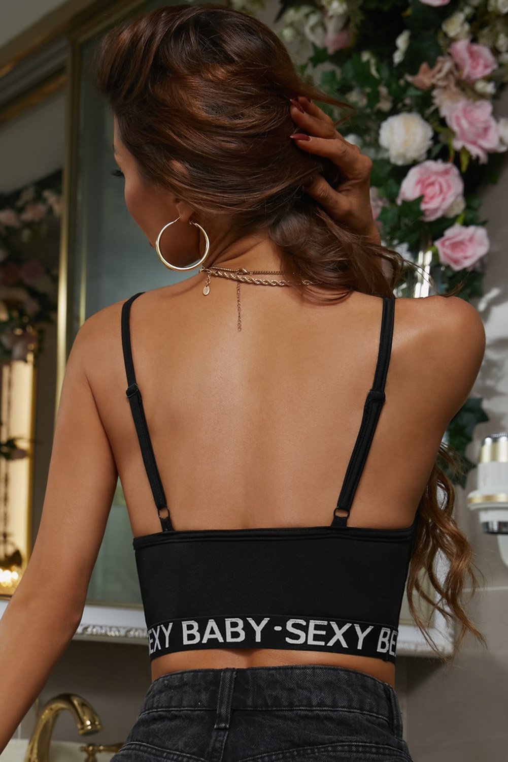 Sport Black Letter Print Lace Patch Bralette