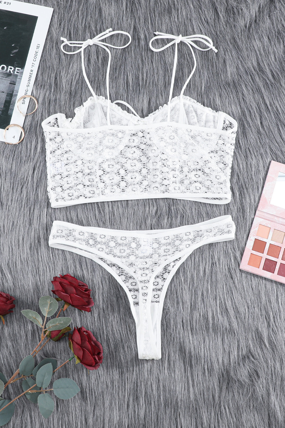 White Lace Ruffle Spaghetti Strap Bralette Set