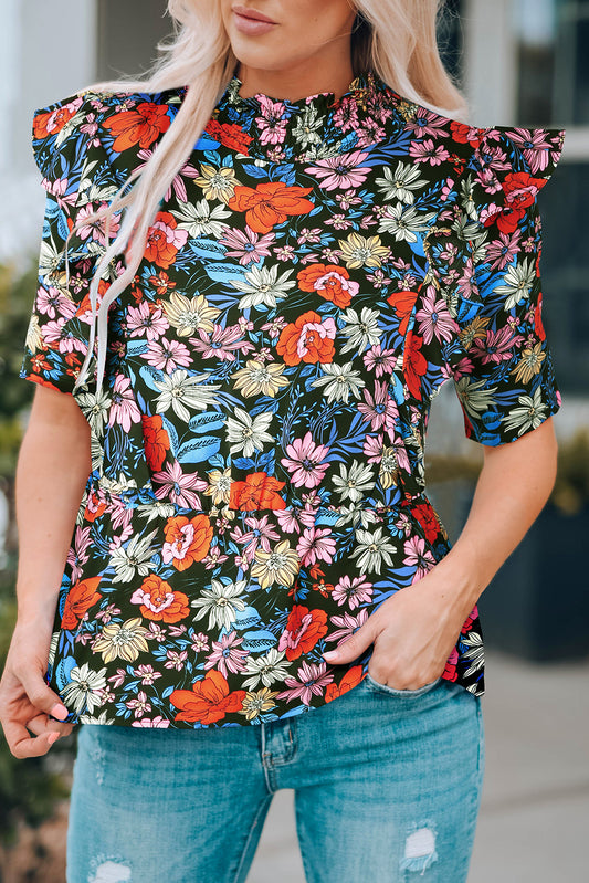 Floral Ruffle Shoulder Frill Neck Blouse