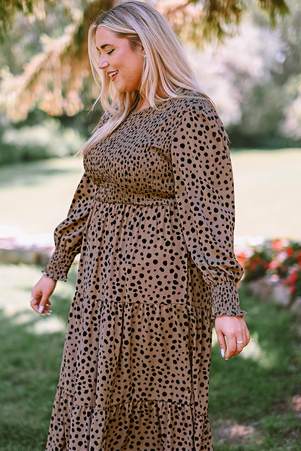 Plus Size Animal Print Smocked Tiered Dress