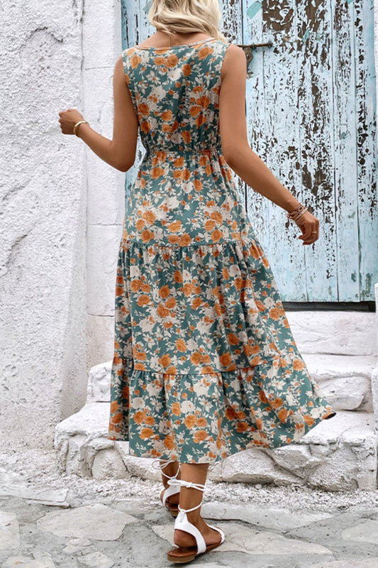 Floral V-Neck Tiered Sleeveless Dress