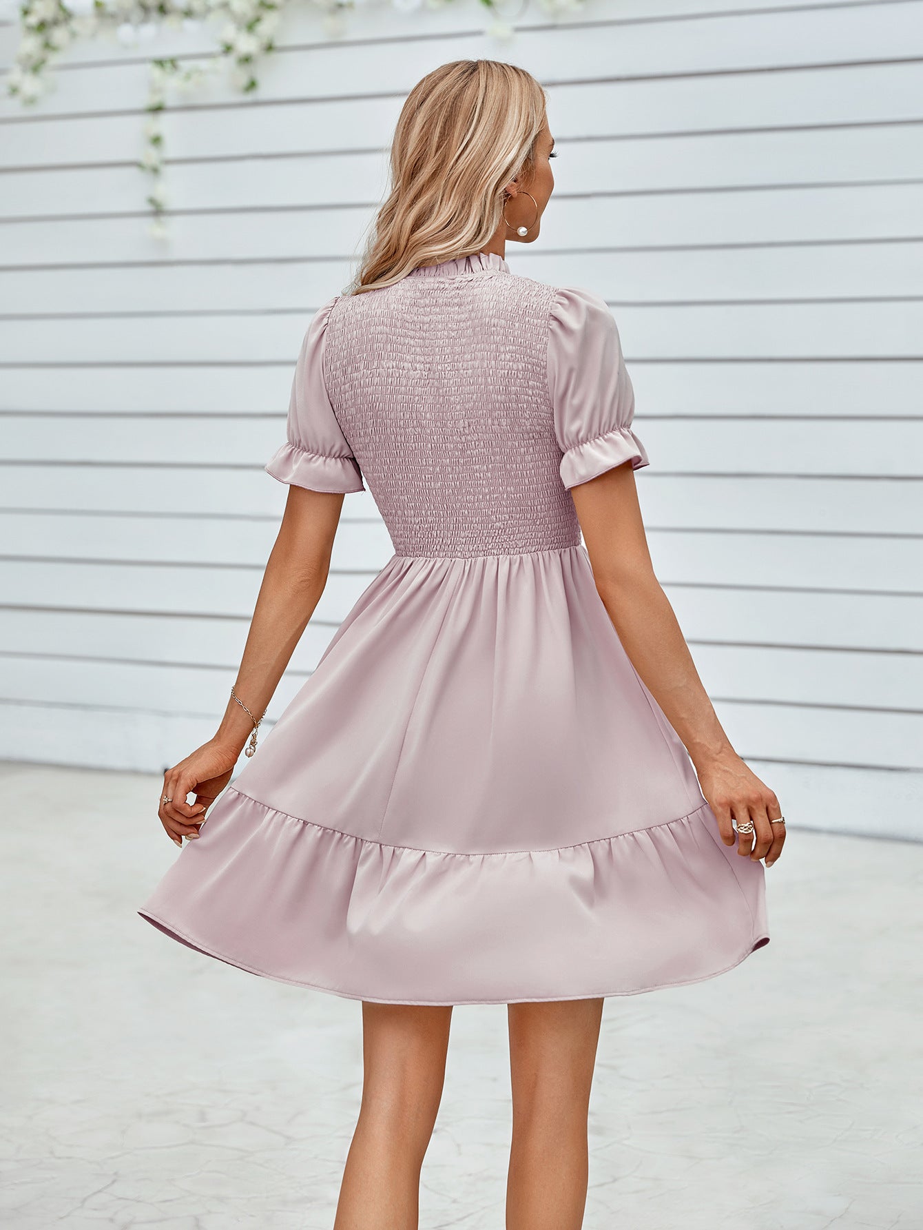 Smocked Short Flounce Sleeve Dress