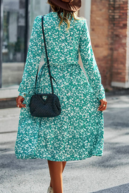 Printed Button Front Belted Tiered Shirt Dress