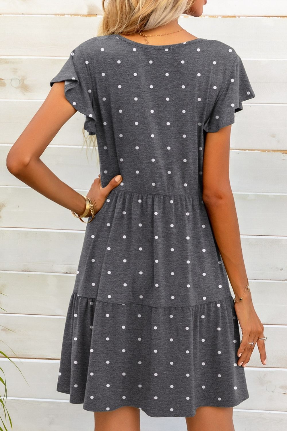 Polka Dot V-Neck Flutter Sleeve Mini Dress