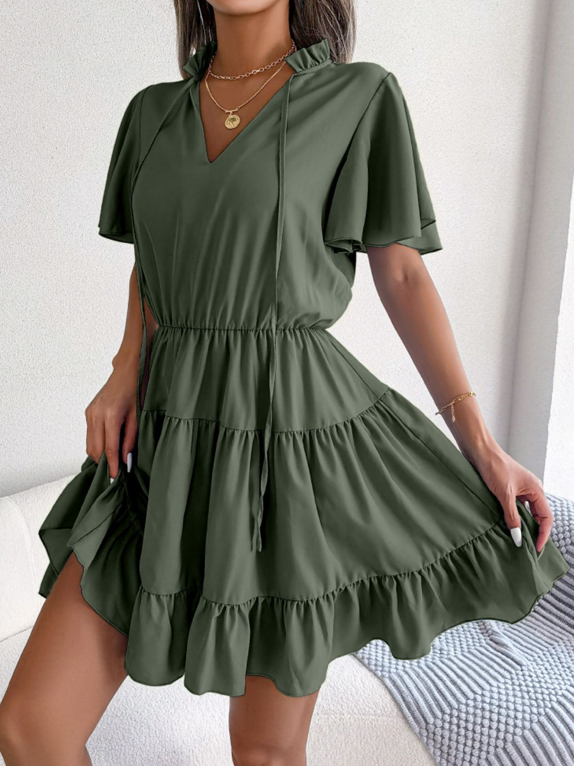 Tie Neck Tiered Flutter Sleeve Mini Dress