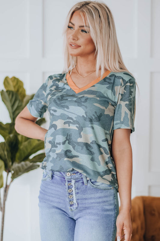 Camouflage Two-Tone V-Neck Tee