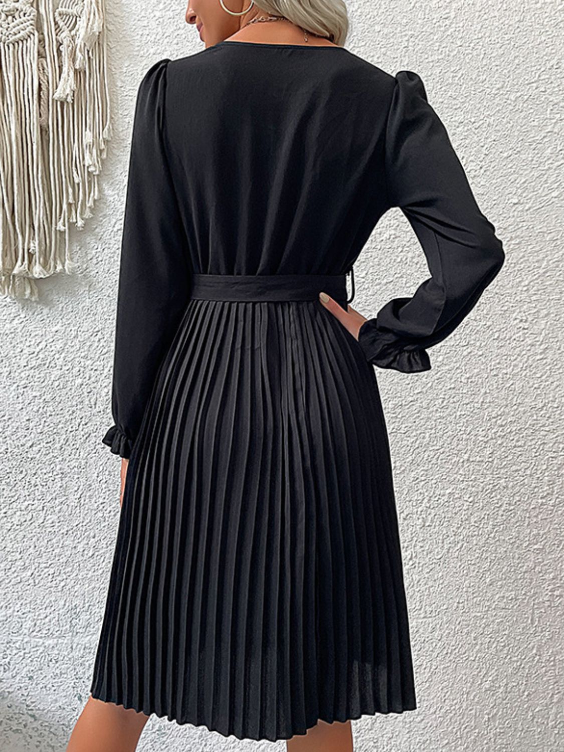 Decorative Button Belted Puff Sleeve Pleated Dress