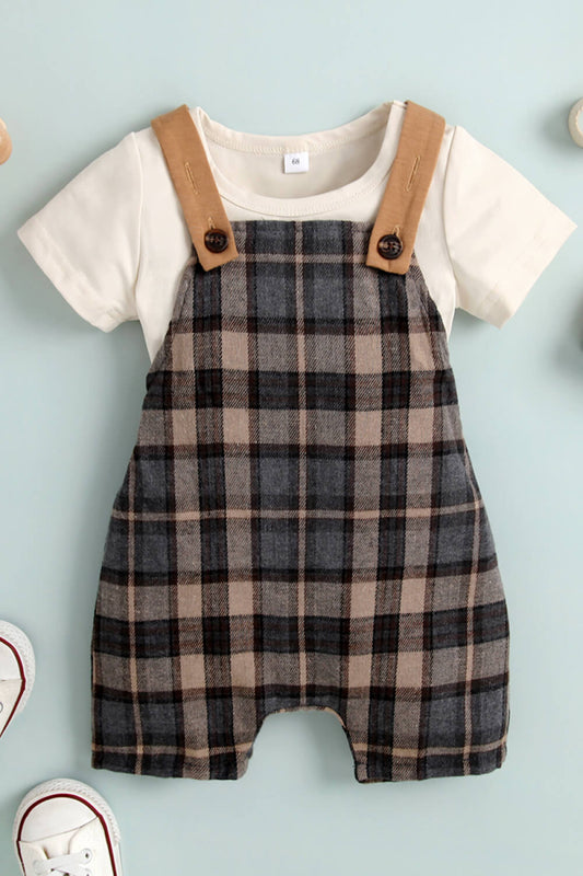 Baby Round Neck Tee and Plaid Overalls Set