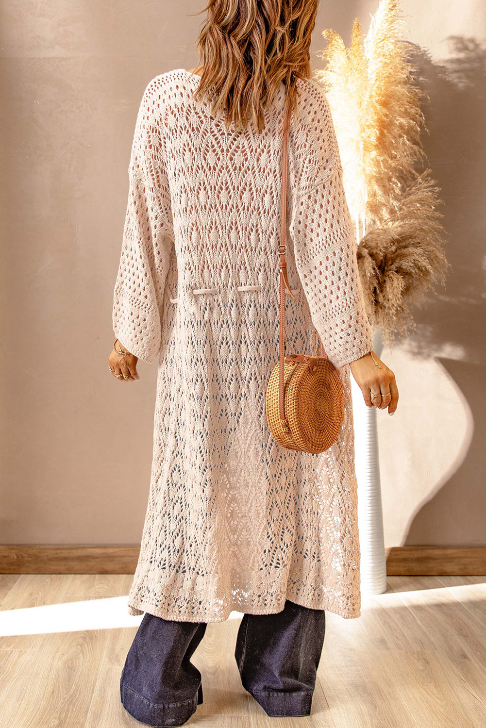 Dropped Shoulder Long Sleeve Crochet Duster Cardigan