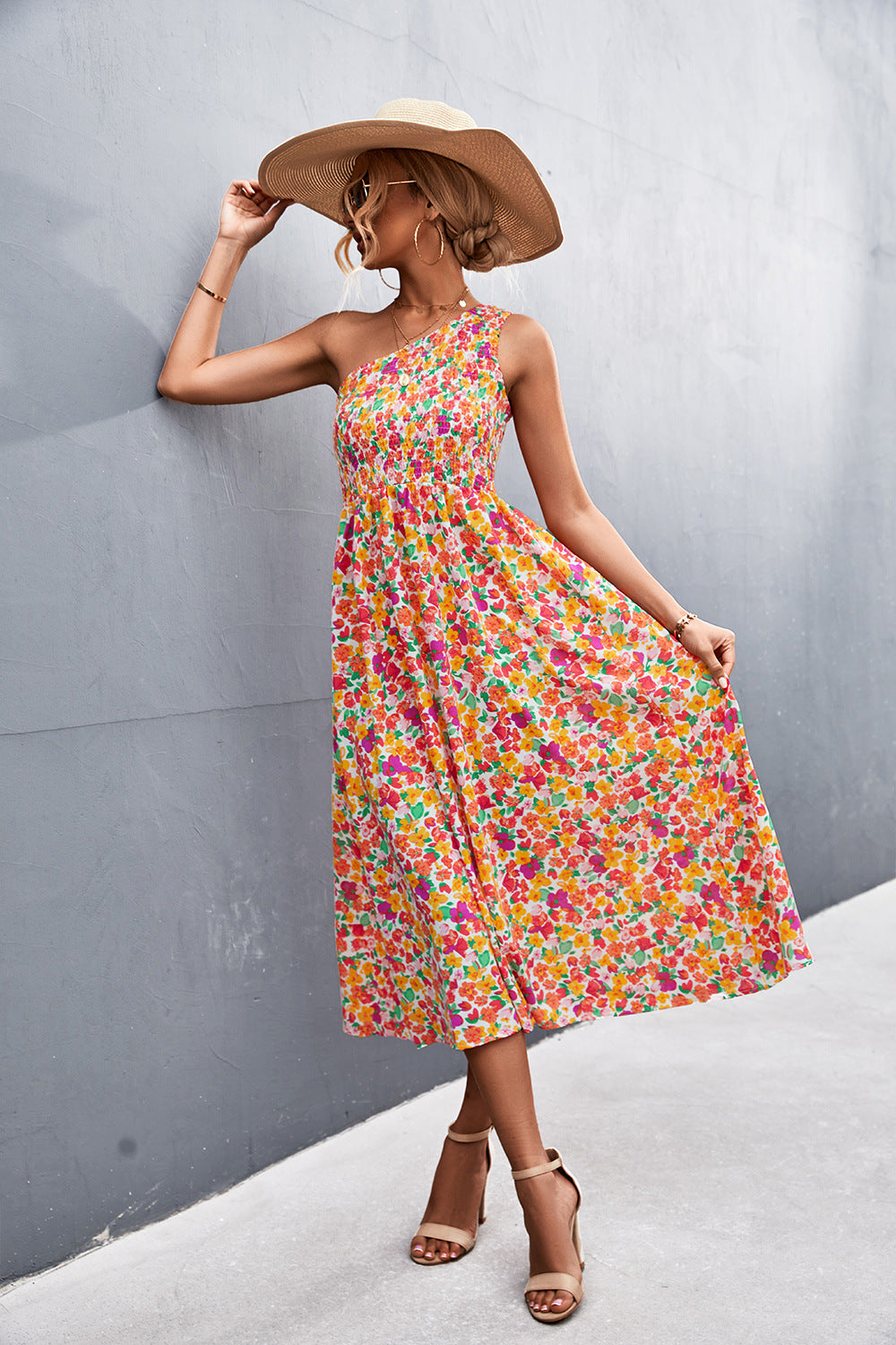 Floral Smocked One-Shoulder Midi Dress