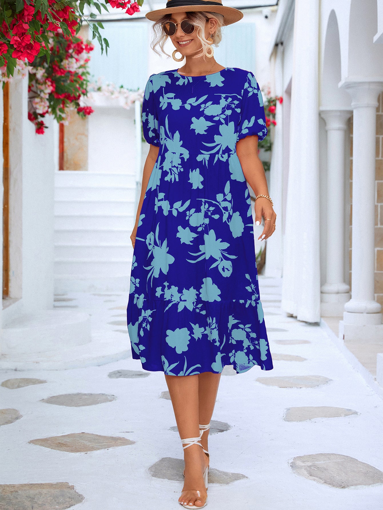 Floral Puff Sleeve Ruffle Hem Midi Dress