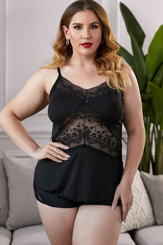 Spaghetti Straps Black Lace Insert Plus Size Pajamas Set