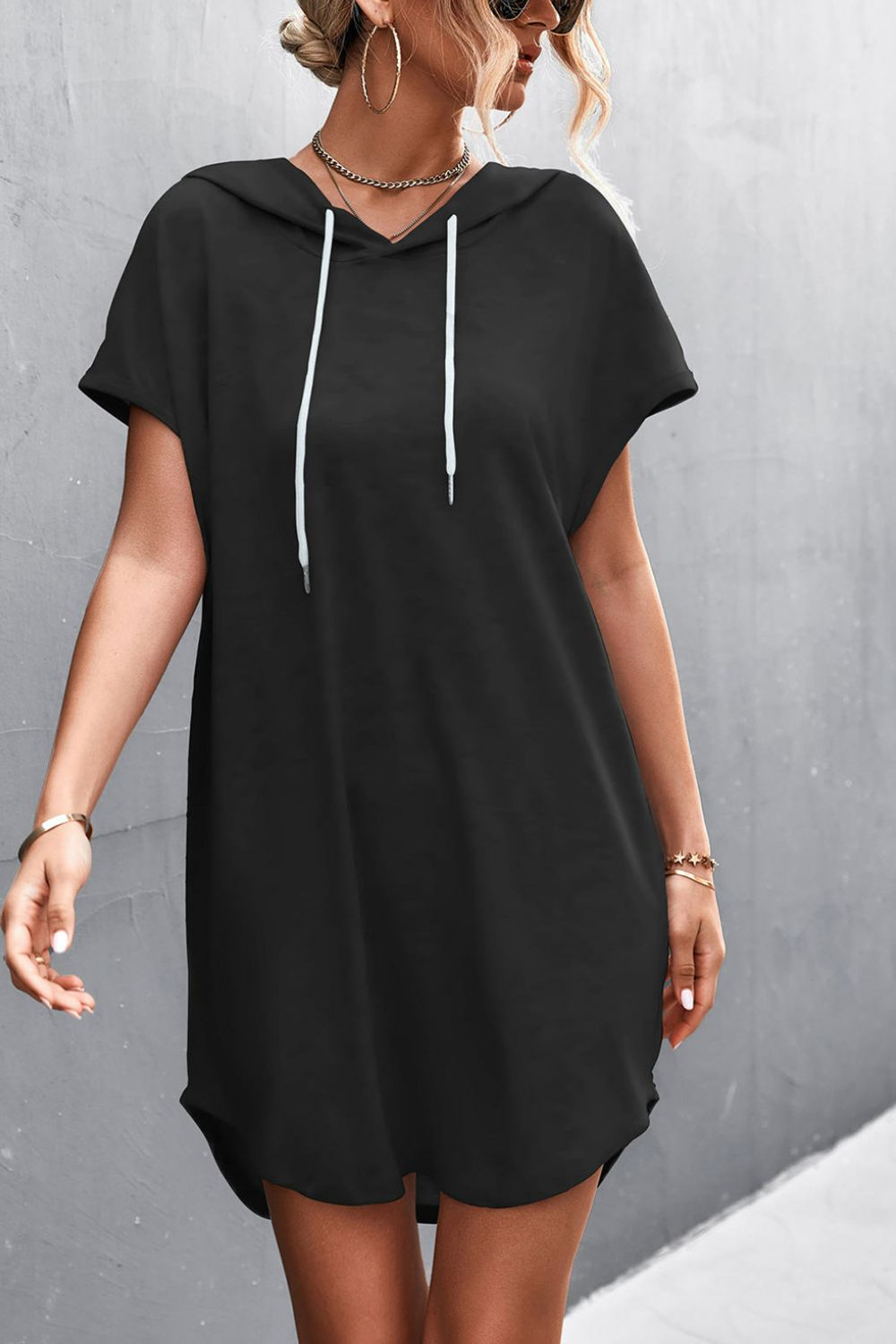 Two-Tone Drawstring Detail Hooded Dress