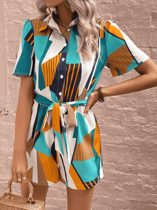 Geometric Puff Sleeve Tie Belt Romper