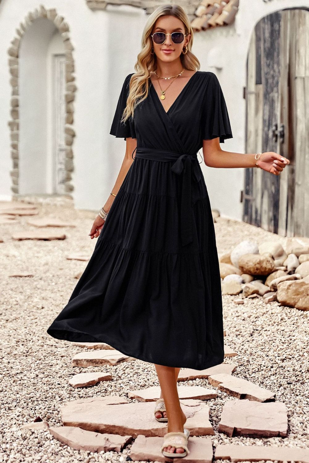 Belted Flutter Sleeve Tiered Surplice Dress