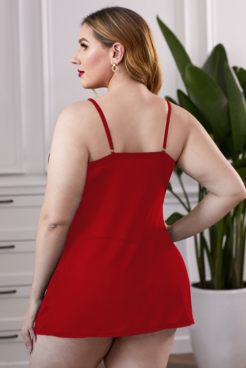Red Lace Splicing Mesh Plus Size Lingerie Sleepwear