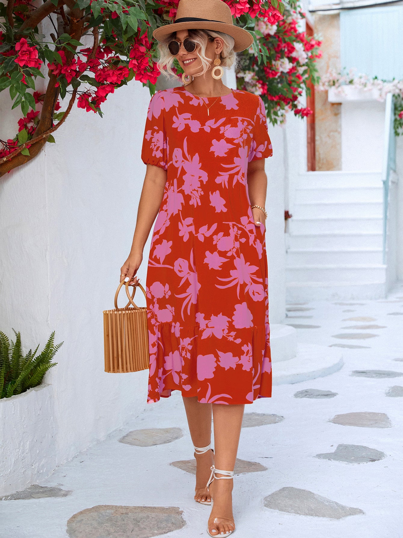 Floral Puff Sleeve Ruffle Hem Midi Dress